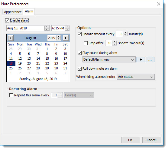 GloboNote alarm settings